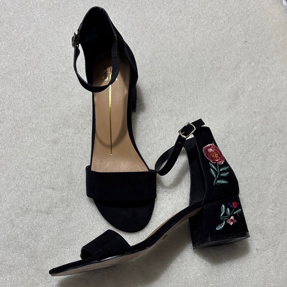 XOXO Black Embroidered Block Heel Sandals